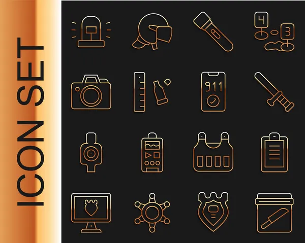 Set-Line-Beweisbeutel mit Messer, Polizeibericht, Gummiknüppel, Taschenlampe, Einschusslineal, Fotokamera, Blitzsirene und Telefonanruf 911 Symbol. Vektor — Stockvektor