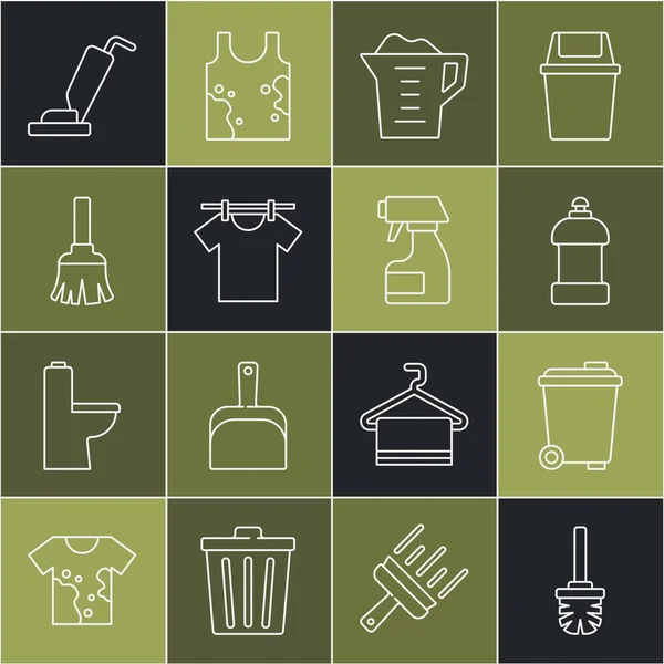 Σετ γραμμή βούρτσα τουαλέτας, κάδο απορριμμάτων, Μπουκάλι για καθαριστικό, Πλύσιμο σε σκόνη, Στεγνώνοντας ρούχα, σκούπα Feather, ηλεκτρική σκούπα και καθαρίζοντας εικονίδιο μπουκάλι σπρέι. Διάνυσμα — Διανυσματικό Αρχείο