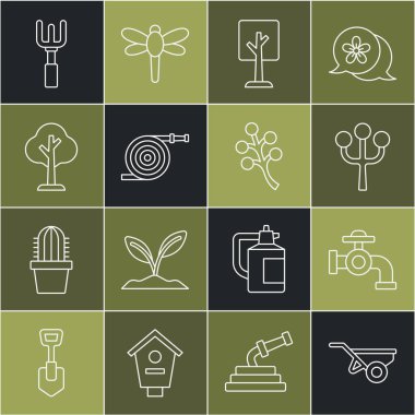 El arabası, toprak, su musluğu, çiçek ağacı dalı, orman, bahçe hortumu, tırmık ve ikon. Vektör