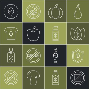 Glütensiz tahıl, vejetaryen gıda diyeti, yaprak ya da yaprak, balkabağı, elma, gömlek ve organik kozmetik ikonu. Vektör