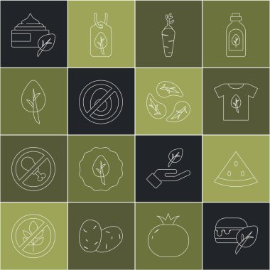 Vejetaryen yemek diyeti, karpuz, gömlek, havuç et, yaprak ya da yaprak yok, organik kozmetik ve ikon. Vektör