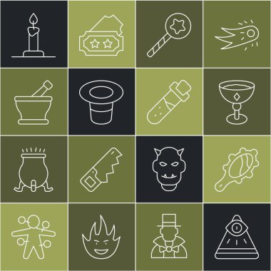 Masonlar, sihirli el aynası, ortaçağ kadehi, asa, şapka, havan topu, şamdanda yanan mum ve iksir ikonlu şişe. Vektör