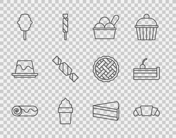 设定系列巧克力卷蛋糕，羊角面包，碗中的冰淇淋，华夫饼筒，棉花糖，糖果，芝士蛋糕和樱桃蛋糕图标。B.病媒 — 图库矢量图片