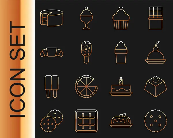 Set line Cookie of biscuit, Brownie chocoladetaart, Cherry cheesecake, Cake, Ice cream, Croissant, en in wafelkegel pictogram. Vector — Stockvector