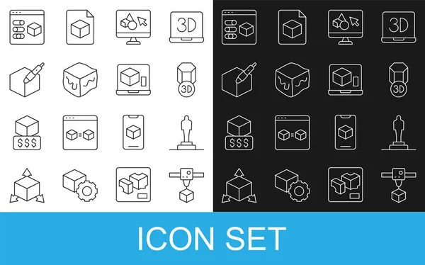 Définir le cube d'imprimante 3D, le modèle, le logiciel, l'isométrique, l'outil de stylo 3D et l'icône. Vecteur — Image vectorielle