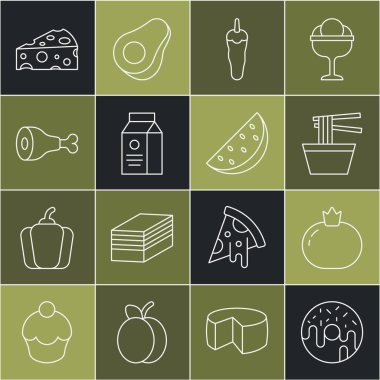 Donut, domates, kasede Asya eriştesi, acı biber, süt paketi, tavuk budu, peynir ve karpuz ikonu. Vektör