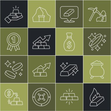 Erimiş altın dökülüyor, altın yüzük, çubuk, madalyalı büyüme oku ve eski para çantası ikonu. Vektör