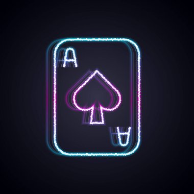 Parlayan neon hattı siyah arkaplanda izole edilmiş kart simgesi çalıyor. Kumarhane kumarı. Vektör