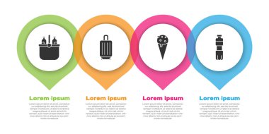 Soğutma poşeti, su, bavul, dondurma ve bir şişe su hazırla. Ticari bilgi şablonu. Vektör