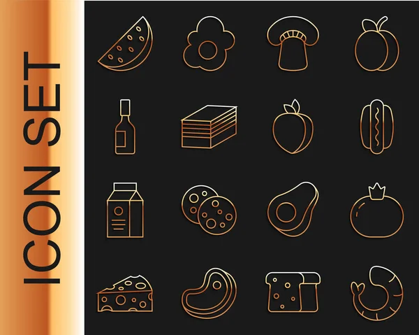 Set line Camarones, Tomate, Hotdog, Champiñones, Pedazo de pastel, salsa Tabasco, Sandía y Ciruela icono de la fruta. Vector — Vector de stock