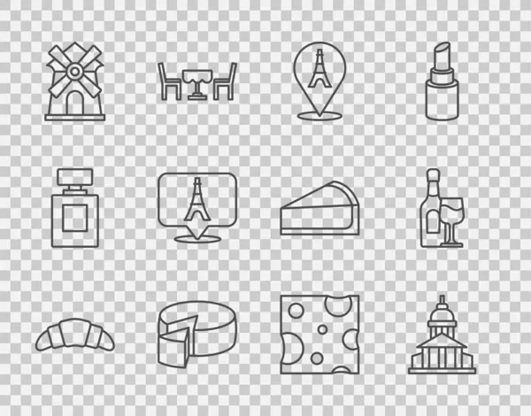 Set line Croissant, edificio del museo, torre Eiffel, queso, molino de viento y botella de vino con icono de vidrio. Vector — Vector de stock