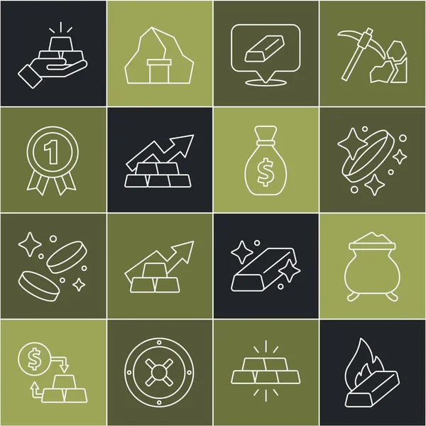 Erimiş altın dökülüyor, altın yüzük, çubuk, madalyalı büyüme oku ve eski para çantası ikonu. Vektör