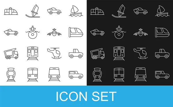 Set line Car, Pickup truck, Vlak a železnice, Ponorka, Tram a letadlo ikona. Vektor — Stockový vektor