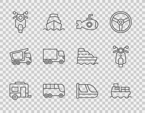 Set line Rv Camping trailer, Buque de carga con cajas de entrega, Submarino, Autobús, Scooter, Camión de carga de entrega, Tren y ferrocarril e icono. Vector — Archivo Imágenes Vectoriales
