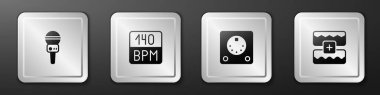 Mikrofon, Bitrate, Bateri makinesi ve Müzik dalga eşitleyici simgesini ayarla. Gümüş kare düğme. Vektör
