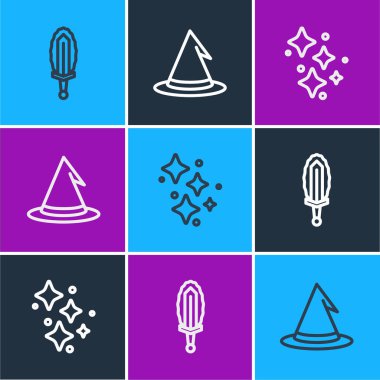 Sihirli kılıcı ateşe ver. Sihirli yıldızları ve cadı şapkası ikonuyla parlat. Vektör