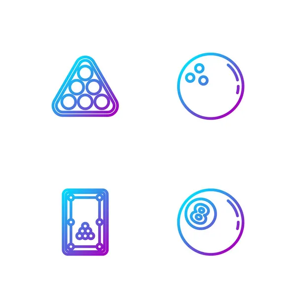Set line Billar bola, mesa, bolas en triángulo rack y Bowling. Iconos de color degradado. Vector — Vector de stock