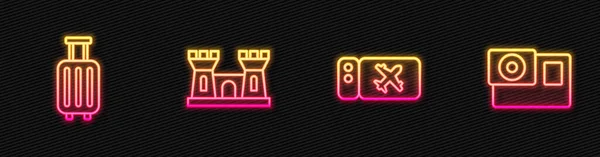 Stel vliegticket, koffer, zandkasteel en actiecamera in. Een gloeiend neon icoon. Vector — Stockvector