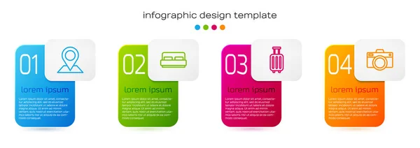 Impostare la posizione della linea, letto camera d'albergo, valigia e fotocamera fotografica. Modello di infografica aziendale. Vettore — Vettoriale Stock