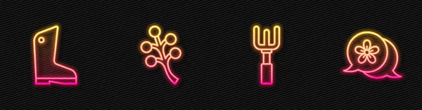 Set line Tuinhark, Rubber handschoenen, Blossom boomtak en Bloem. Een gloeiend neon icoon. Vector — Stockvector