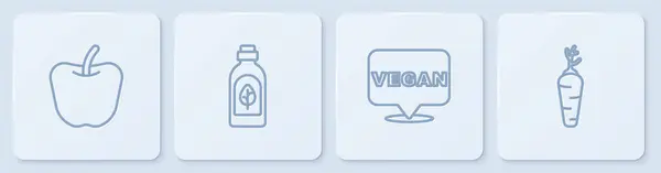 Набор линии Apple, Веганская диета питания, Эфирные бутылки масла и морковь. Белая квадратная кнопка Вектор — стоковый вектор
