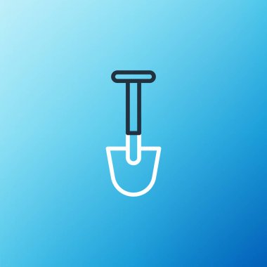 Mavi arkaplanda çizgi küreği simgesi izole edildi. Bahçe aletleri. Bahçecilik, tarım, çiftçilik aleti. Renkli taslak konsepti. Vektör