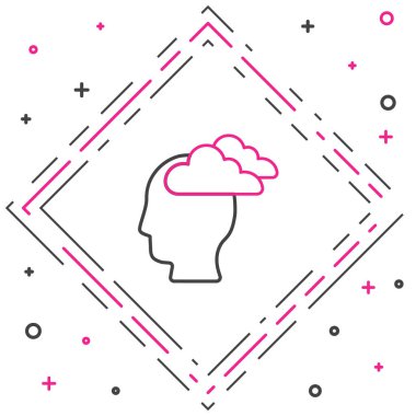 Çizgi Adam 'ın başı ağrıyor, beyaz arka planda migren ikonu var. Renkli taslak konsepti. Vektör