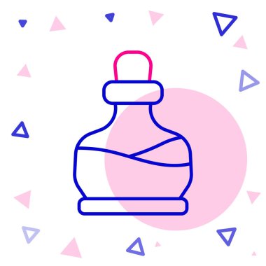 Beyaz zemin üzerinde iksir ikonu olan çizgi şişesi. Sihirli iksirli matara. Mutlu Cadılar Bayramı Partisi. Renkli taslak konsepti. Vektör