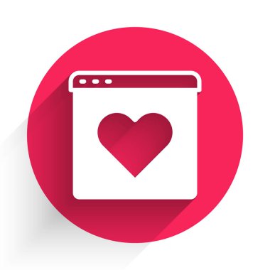 White Dating uygulaması çevrimiçi dizüstü bilgisayar konsepti simgesi uzun gölgeli izole edildi. Kadın erkek profili düz tasarım. Çift ilişki için eşleşiyor. Kırmızı daire düğmesi. Vektör.