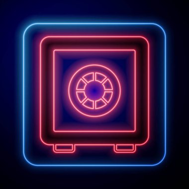 Parlayan neon kasa simgesi siyah arkaplanda izole edildi. Kapı, şifreli bir banka kasası. Güvenilir Veri Koruma. Vektör