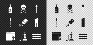 Alkol şişesi, kurukafa, afyon haşhaşı, internetten uyuşturucu alma, nargile, kokain ya da eroin, Pipette ve Medicine ve hap ikonu. Vektör