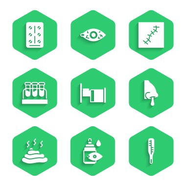 Set Hospital bed, Eye drop bottle, Medical thermometer, Runny nose, Shit, Test tube with blood, Scar suture and Pills in blister pack icon. Vector