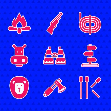 Dürbünü, tahta baltayı, kibriti, trafik işaretini, Vahşi Aslan 'ı, Hippo' yu ya da Hippopotam 'ı dağcı ipini ve Kamp Ateşi simgesini ayarlayın. Vektör