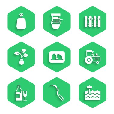 Tavuk yumurtası, orak, bahçe yatağı, traktör, cam kaplı şarap şişesi, bitki, çit ahşap ve tam çuval ikonu. Vektör