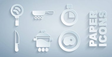 Pişirme kabı, Kronometre, Bıçak, çırpılmış yumurta, kızartma tavası ve ikon. Vektör