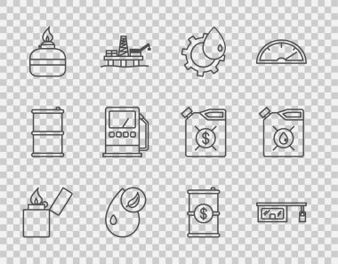 Sabit hat Çakmak, Benzin İstasyonu, Petrol Sanayi Fabrikası, Biyolojik Yakıt, Alkol Yakıcı, Petrol Yakıcı, Dolarlı Varil Yağı ve Motor Makinesi ikonu. Vektör