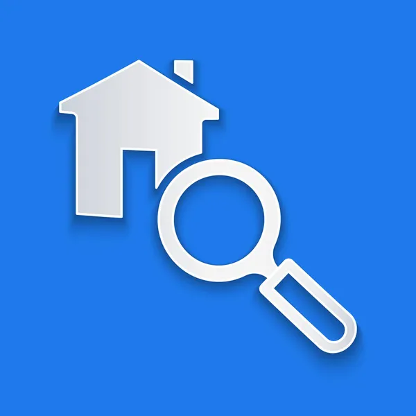 Řez Papíru Hledat Dům Ikona Izolované Modrém Pozadí Realitní Symbol — Stockový vektor