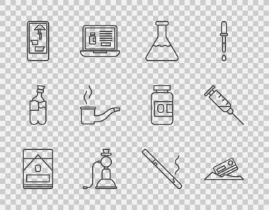 Hattı kurun, paket sigara kutusu, kokain ve kredi kartı, test tüpü şişesi, nargile, telefonla uyuşturucu alma, tüttürme piposu ve şırınga ikonu. Vektör