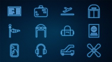 Uçak pervanesi, pasaport, kalkış, gözlüklü havacı şapkası, koni meteoroloji rüzgar fırıldağı, havaalanı tahtası, bavul ve ikon ayarlayın. Vektör