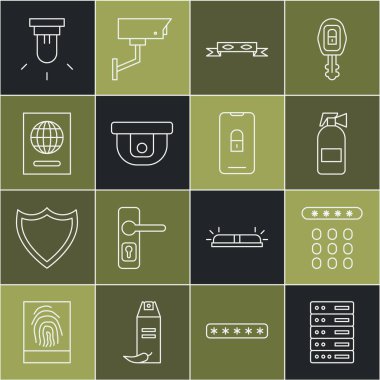 Hat Sunucusu, Data, Web Sunucusu, Şifre koruması, Yangın söndürücü, Hırsız göz maskesi, Hareket sensörü, Pasaport ve kapalı kilit simgesi olan Mobil Mobil 'i ayarla. Vektör
