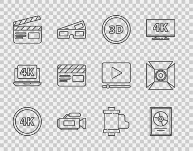 Satır 4k Ultra HD, CD disk ödülü çerçeve içinde, 3D kelime, Sinema kamerası, Movie clapper, Kamera klasik film rulo kartuşu ve spot ışığı ikonu. Vektör