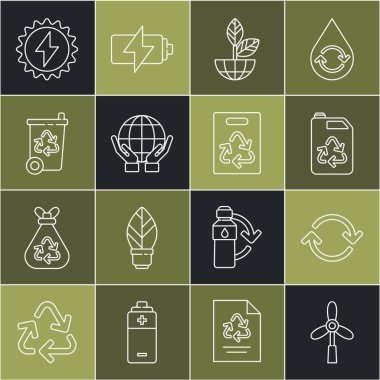 Hat rüzgar türbini, Refresh, Eko yakıt tüpü, toprak küre ve bitki, Eller geri dönüşümlü geri dönüşüm, güneş enerjisi paneli ve kağıt torba ikonu ayarlayın. Vektör