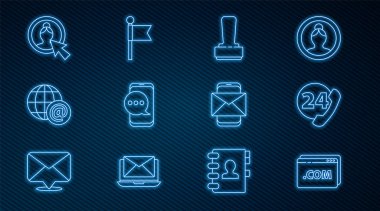 Web sitesi şablonu, Telefon 24 saat desteği, Pul, Sohbet mesajları bildirimi, posta ile Dünya küresi, Hesap ekranı, Mobil ve zarf ve konum belirleyici simgesi oluştur. Vektör