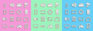 HDD, Graphic tablet, Stereo hoparlör, fotoğraf makinesi, laptop, akıllı telefon, cep telefonu, bilgisayar faresi ve mikrodevreli işlemci ayarlayın. Vektör