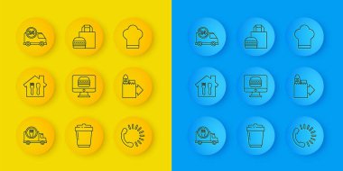 Çevrimiçi siparişler, yemek, aşçı şapkası ve hamburger ikonu. Vektör