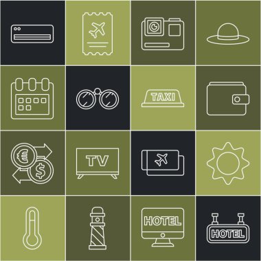 Metin Otel, Güneş, Cüzdan, Aksiyon ekstrem kamerası, Dürbün, Takvim, Klima ve Taksi Araba Çatı ikonu ile imzala. Vektör