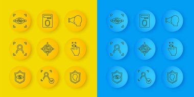 Satır kalkanı göz taraması, yüz tanıma, göz, kullanıcı koruması, parmak izi ve kilit simgesiyle ayarlayın. Vektör