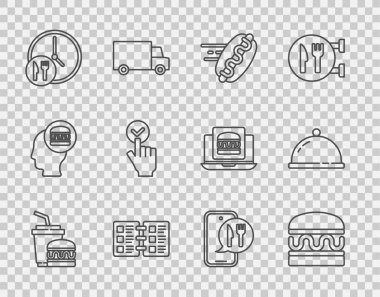 Kağıt bardak ve burger, Burger, online sosisli sandviç siparişi, restoran kafe menüsü, 24 saat servis ve tepsi dolusu yemek ikonu ile kaplı. Vektör