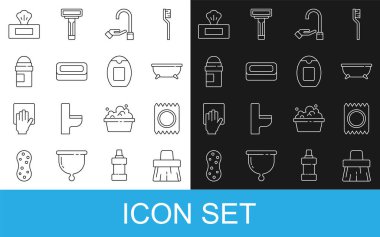 Sıralı süpürge, paket güvenli seks, küvet, sabunla el yıkama, terleme önleyici deodorant rulo, ıslak mendil ve şişe şampuan ikonu. Vektör