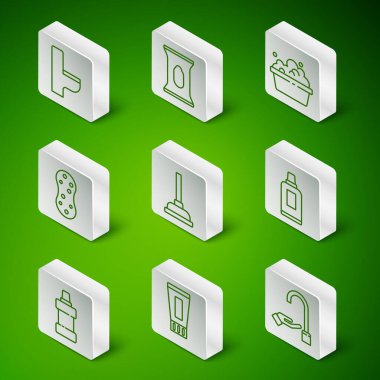 Sabunla el yıkama, diş macunu tüpü, klozet pompası, sünger, ıslak mendil, temizlik malzemesi ve ikon için şişe. Vektör